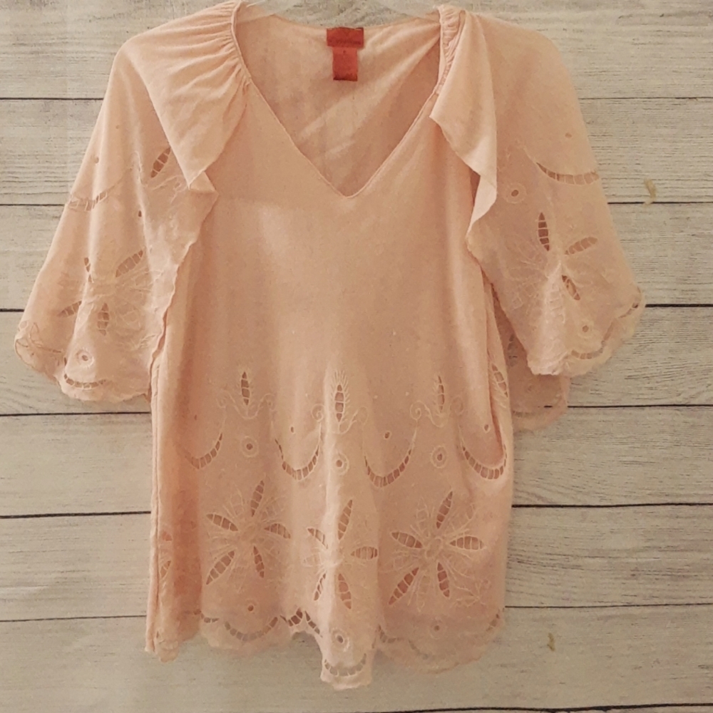 V Cristina Embroidered Eyelet Swiss Dot Caped Sleeve Tank Blouse Sz M